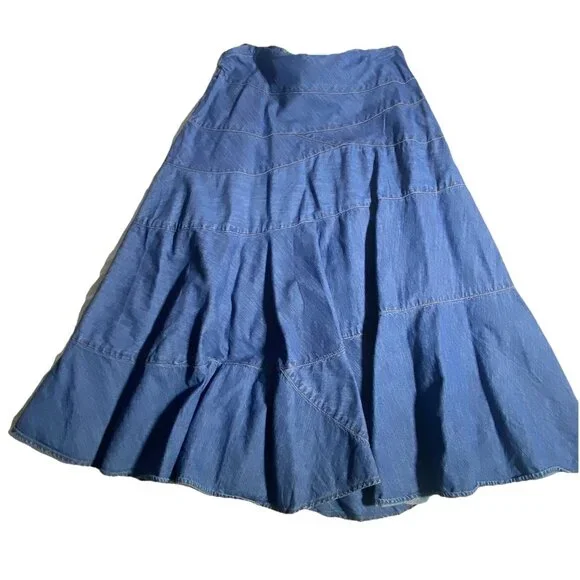 Vintage LRL Ralph Lauren Denim Sz 10 Midi Skirt Aline Patchwork Western Cottage - Picture 1 of 10